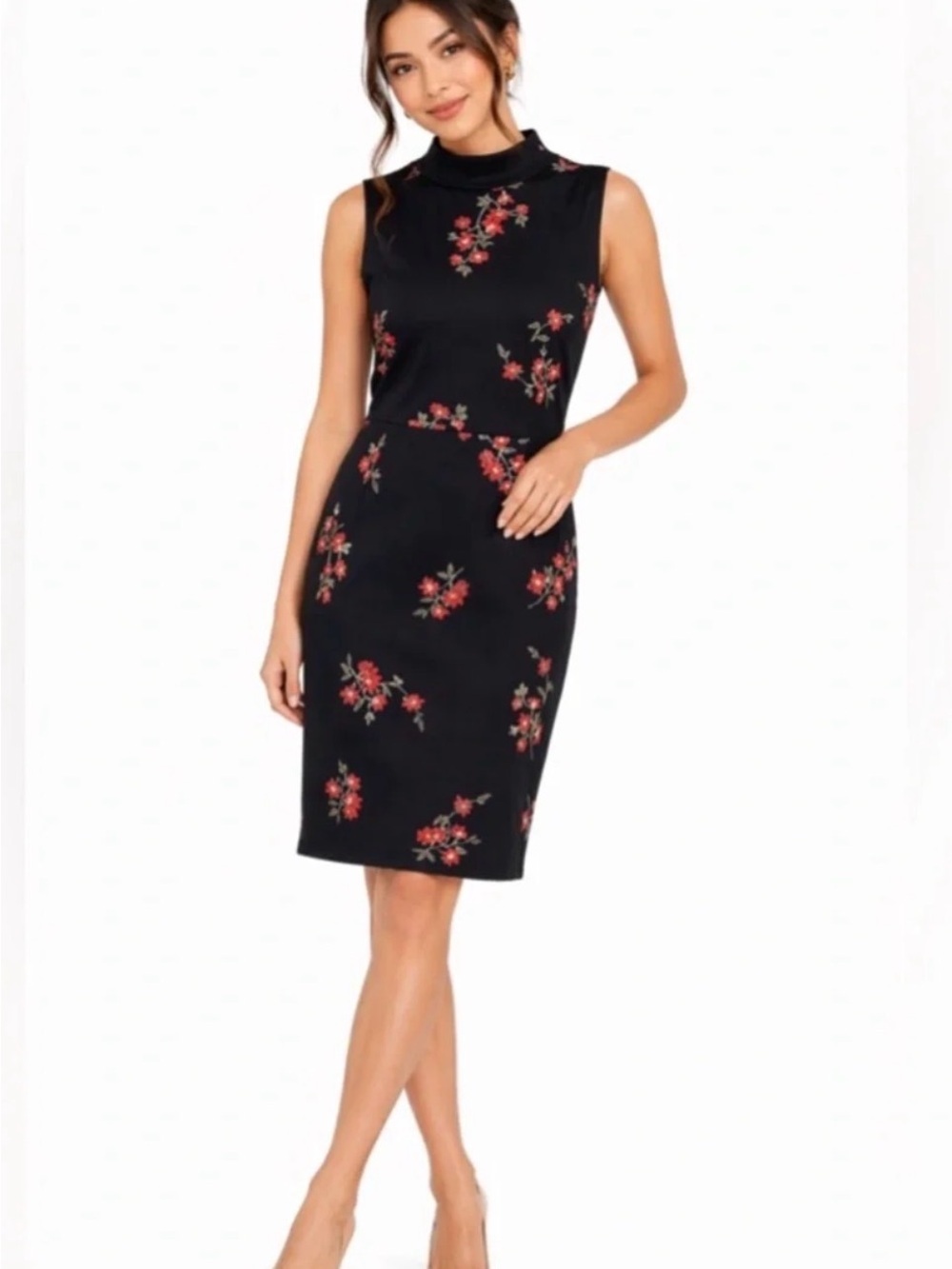 Ann Taylor Black Sleeveless Floral Sheath Dress with Red Blossoms